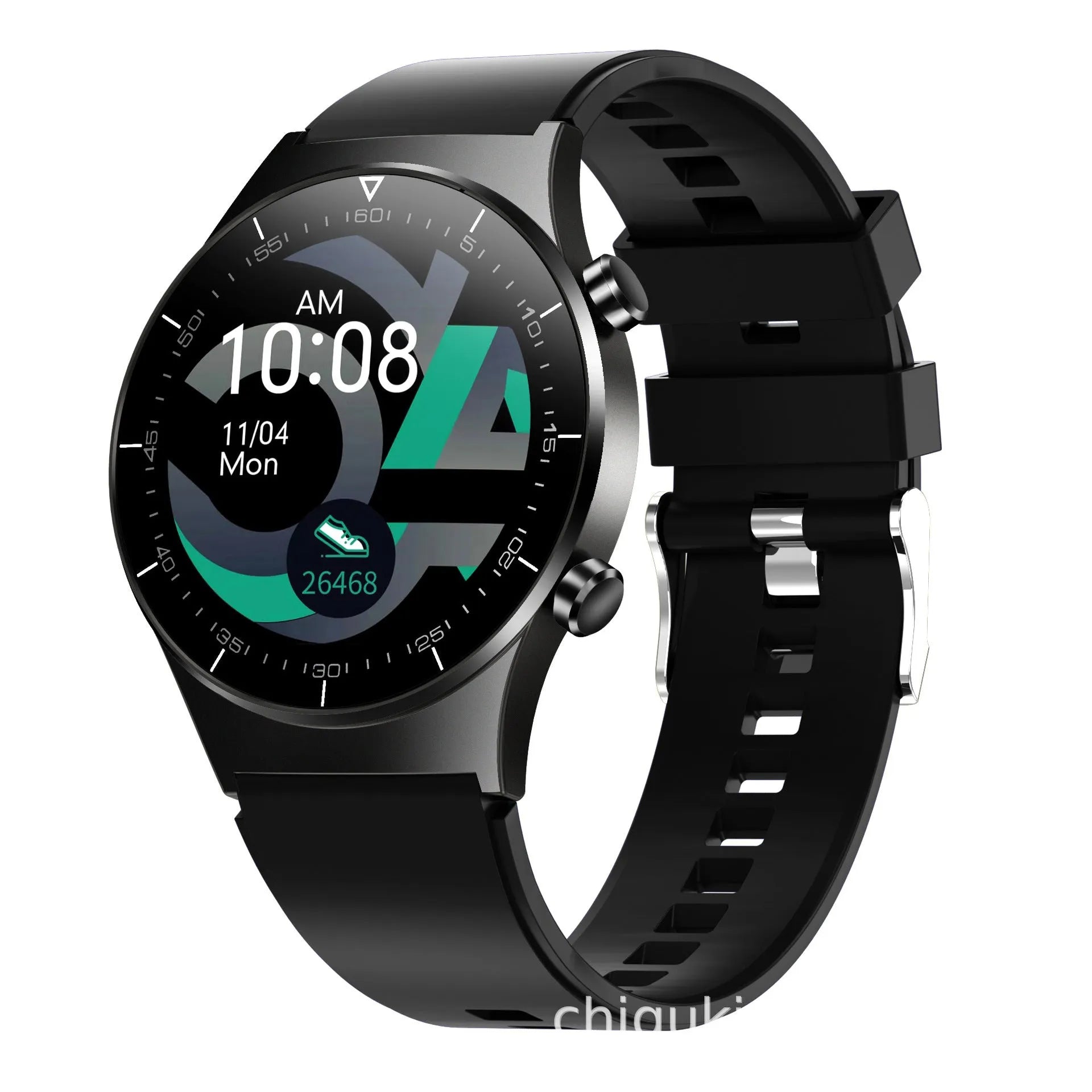 Black TPU smart watch with 1.28 inch glass touchscreen showing heart rate display
