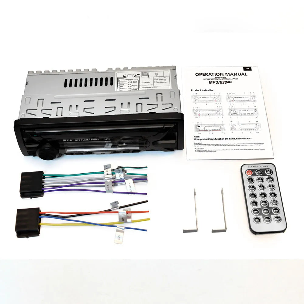 Car radio MP3 player with Bluetooth, LCD display, rotary volume knob, and multiple input ports