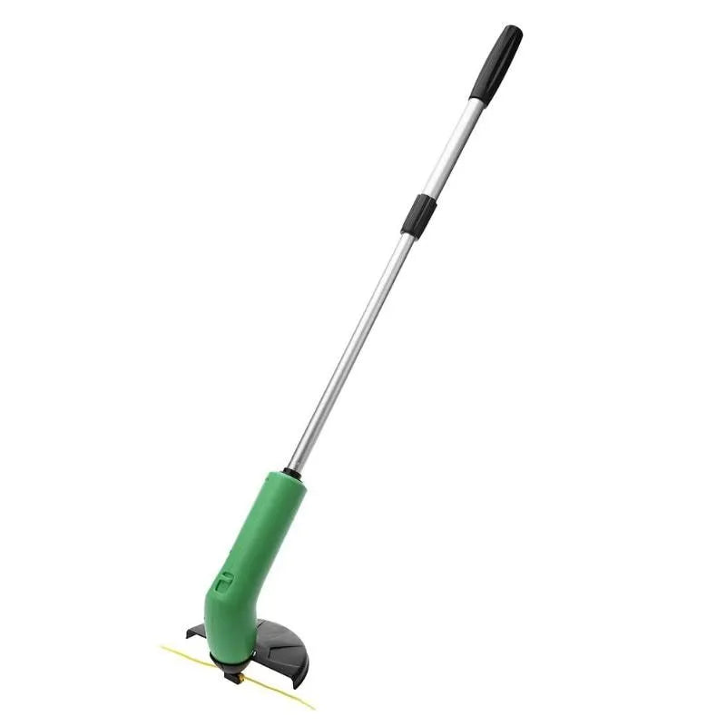 Cordless Zip Trim lawn trimmer with extension pole and protective shield on a garden lawn