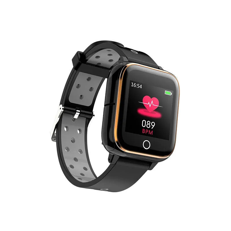 Smartwatch with Bluetooth earbuds stored in charging case showing heart rate display