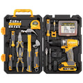 Grey and yellow toolbox containing an 82-piece chrome-vanadium steel hardware tool set for DIY repairs.