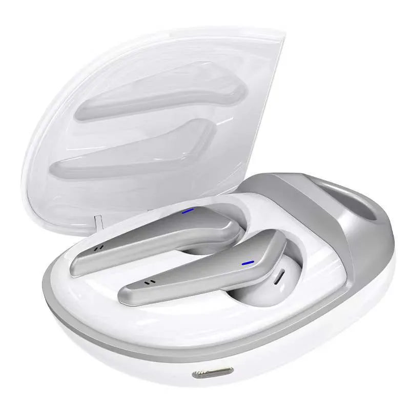 Black or white wireless e-sports gaming headset, in-ear, Bluetooth 5.1, with charging case and Type C port.