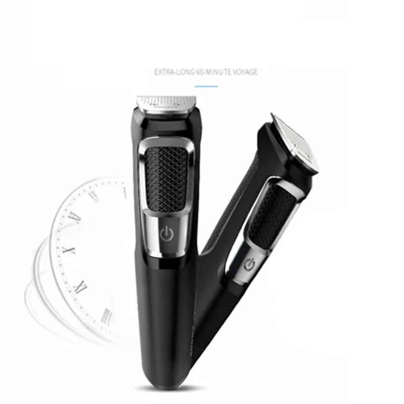 Multifunctional nose hair and beard clipper with lithium-ion battery, 60-minute runtime, and flushable blade and guard