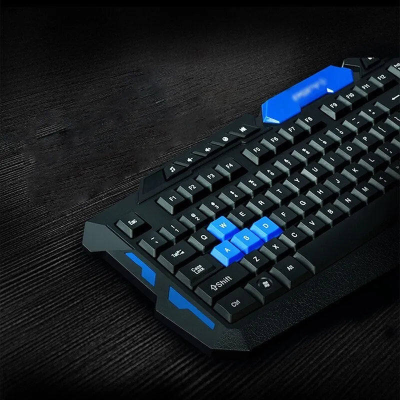 HK8100 black and blue wireless keyboard and mouse combo with 1200dpi optical mouse and USB receiver
