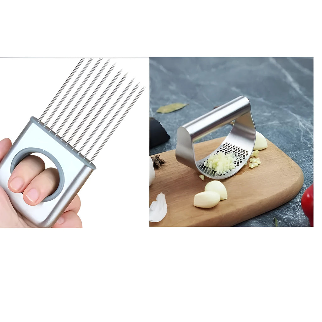Stainless steel onion fork with PP handle and uniform fine holes for garlic pressing and holding vegetables, potatoes, fish, meat, and onions.