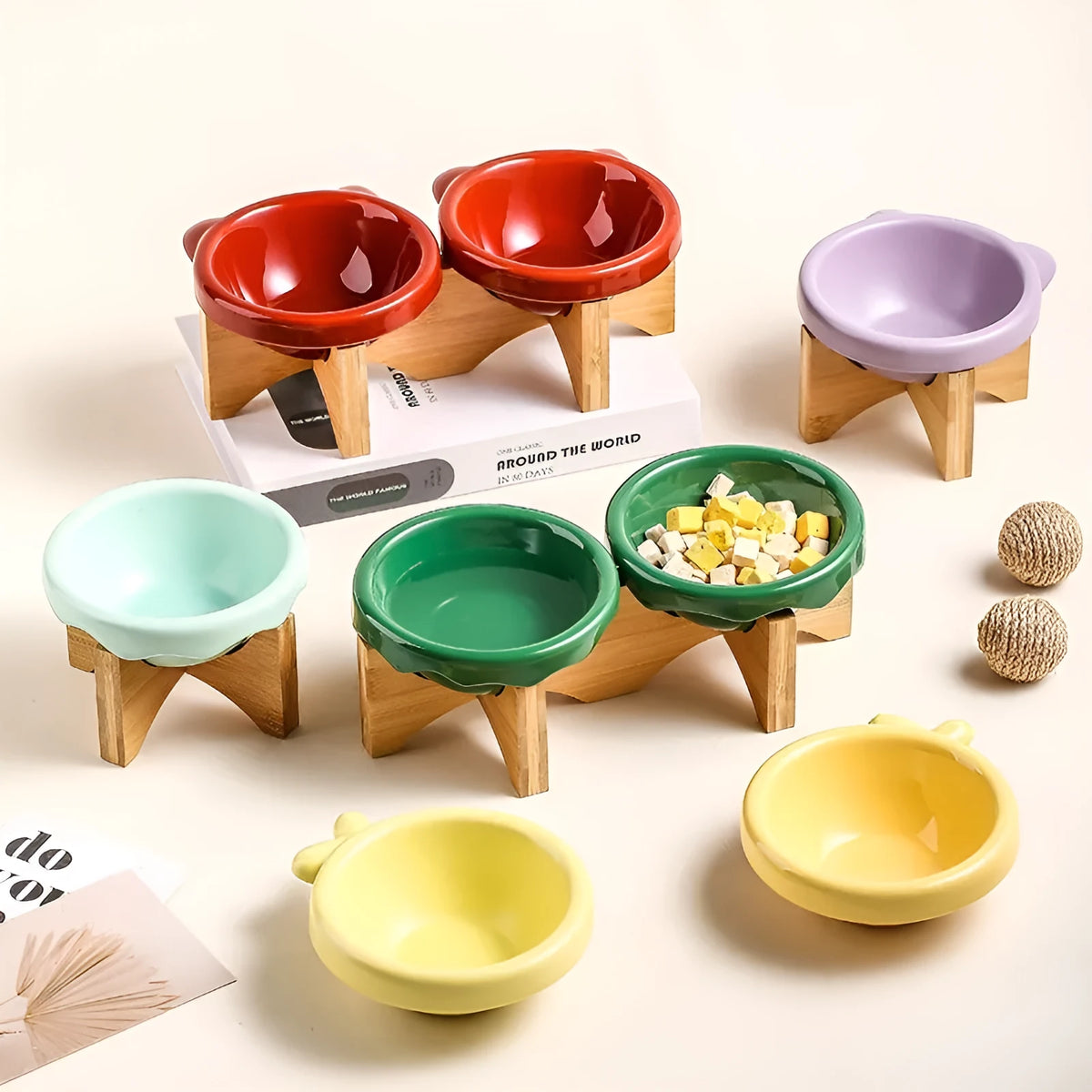 Porcelain cat bowl in matte purple, bright red, or light green, single or double grid pet tableware