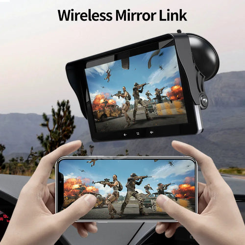 7-inch wireless CarPlay car display with suction cup mount and cigarette lighter power cable
