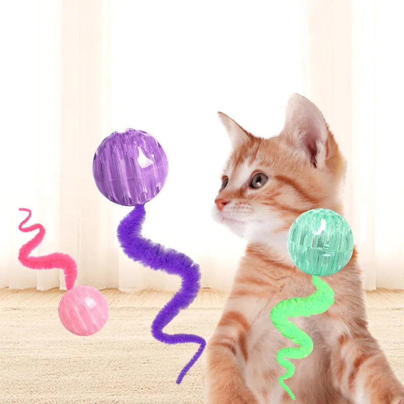 Interactive cat ball toy with bouncy TPR ball and plush worm tail in green colour