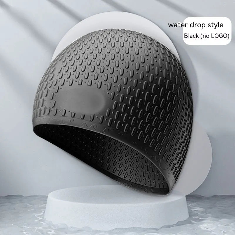 Adult solid colour silicone swimming cap with water drop design shown in multiple colour options.