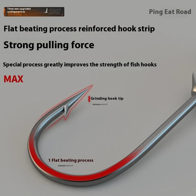 Pack of 50 colour coded enhanced strength fishing jig hooks laid out on a surface.