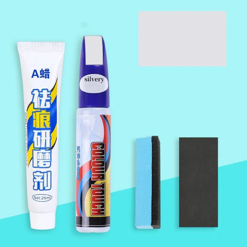 Automotive scratch repair kit showing touch-up paint pen, wax tube, sandpaper, and sponge for car paint touch-up.