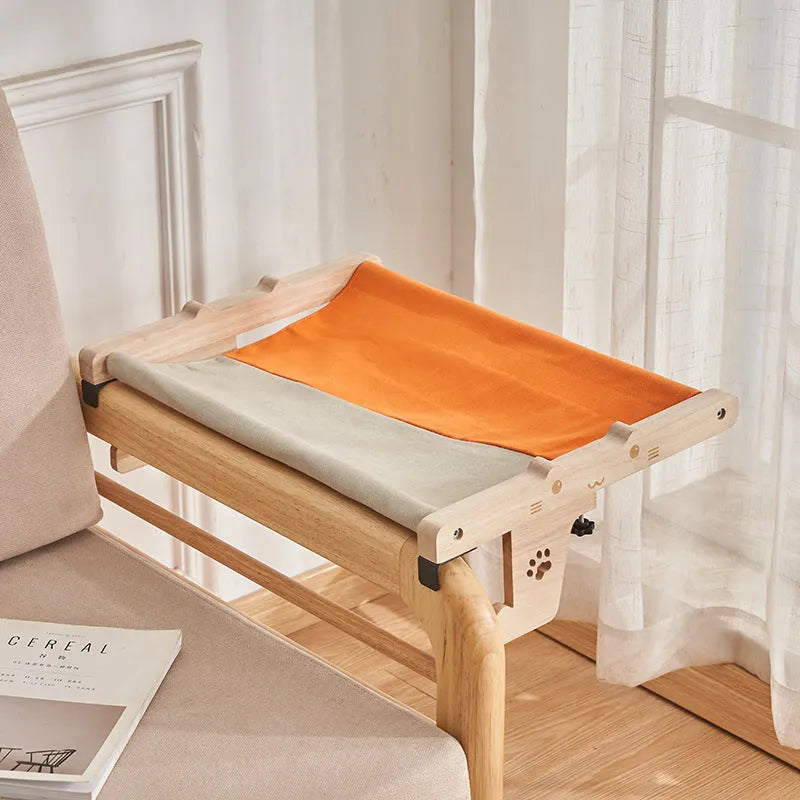 Wooden cat hanging bed hammock in one of seven style options for balcony or window placement