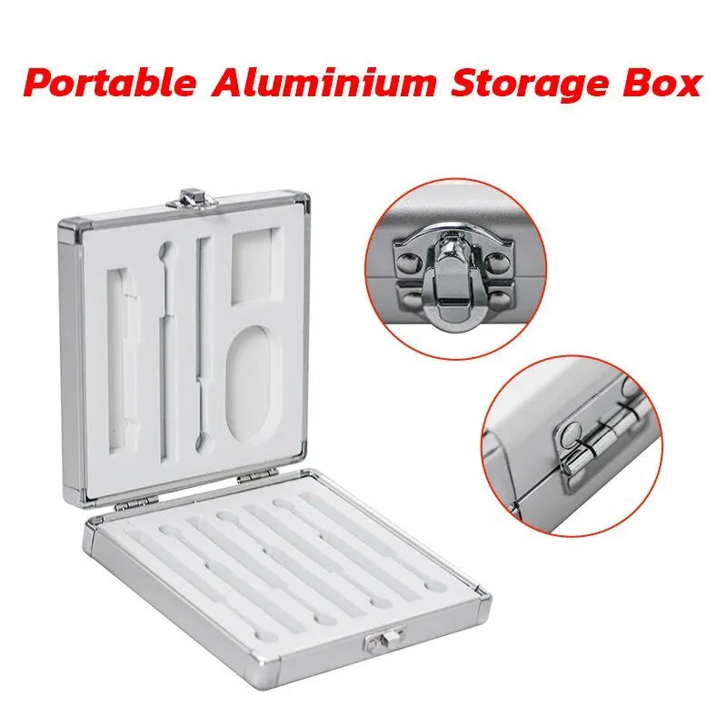Silver aluminium storage box for TS100 soldering iron showing compact dimensions