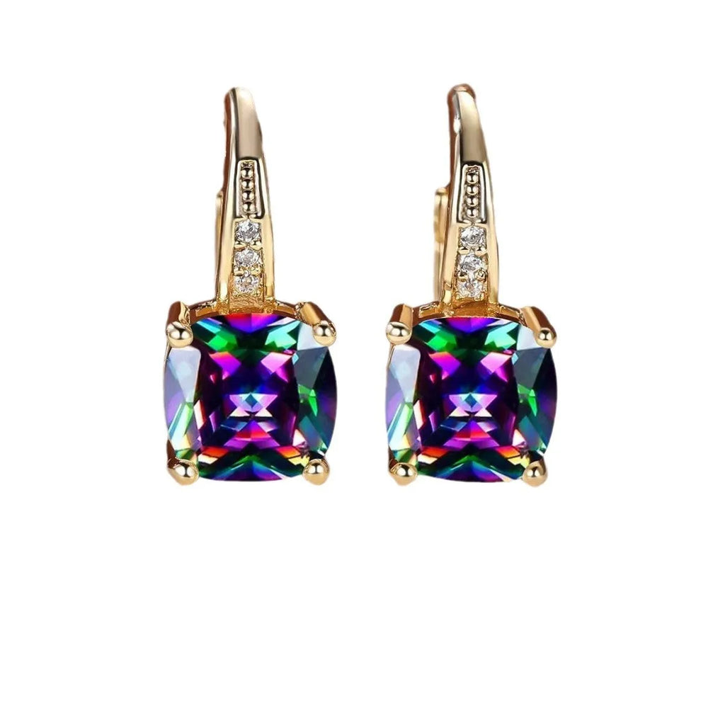 Square geometric copper ear clip earrings with colourful moissanite inlay and electroplated gold finish.