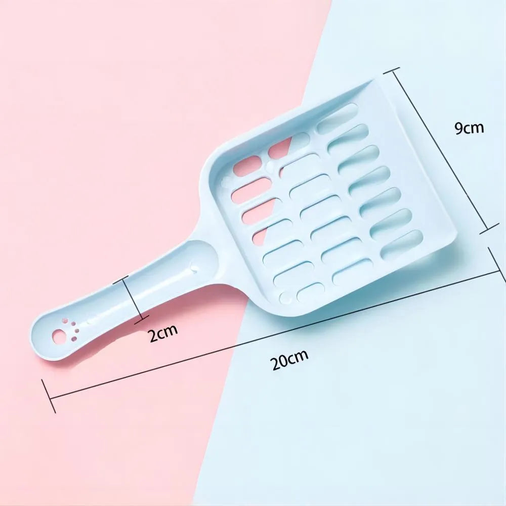 Blue plastic cat litter scoop showing length and sieve pattern for cleaning litter trays.