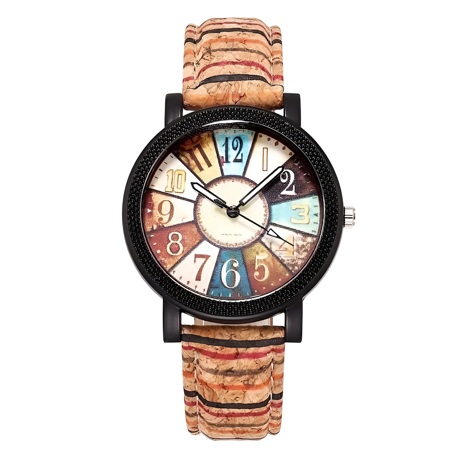 Women's leather strap quartz watch with 37mm round dial and stainless steel buckle