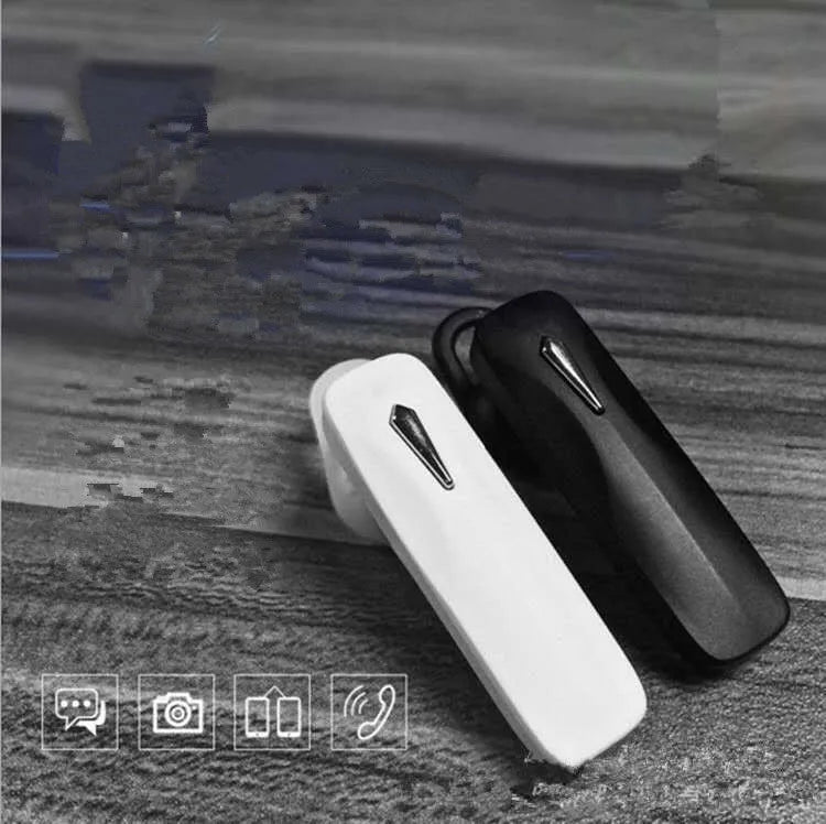 M163 car Bluetooth headset in black and white colour options showing call and music control buttons.