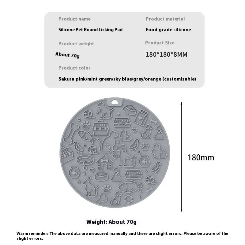 Round silicone pet licking mat with suction cup, shown in blue colour option.