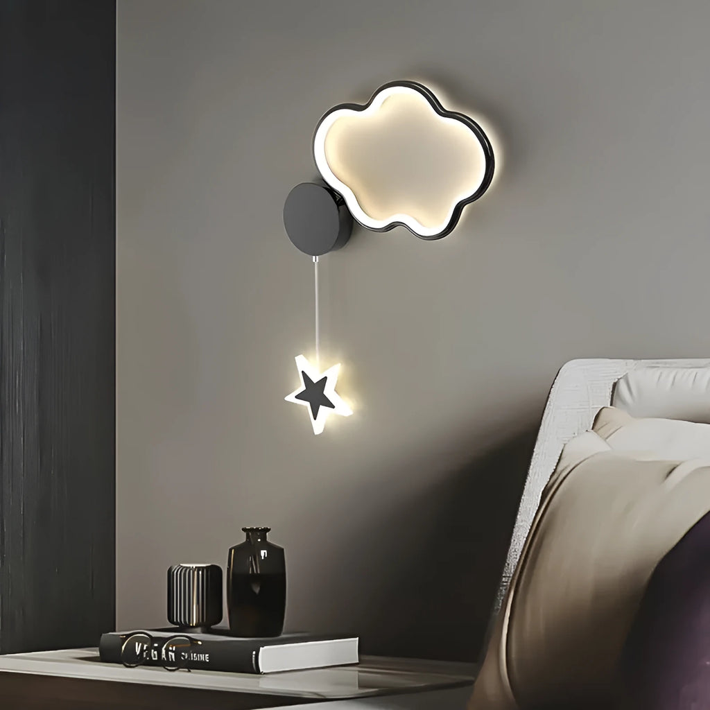 Cartoon five-pointed star bedside wall lamp in black or white with cloud, moon, or star motifs