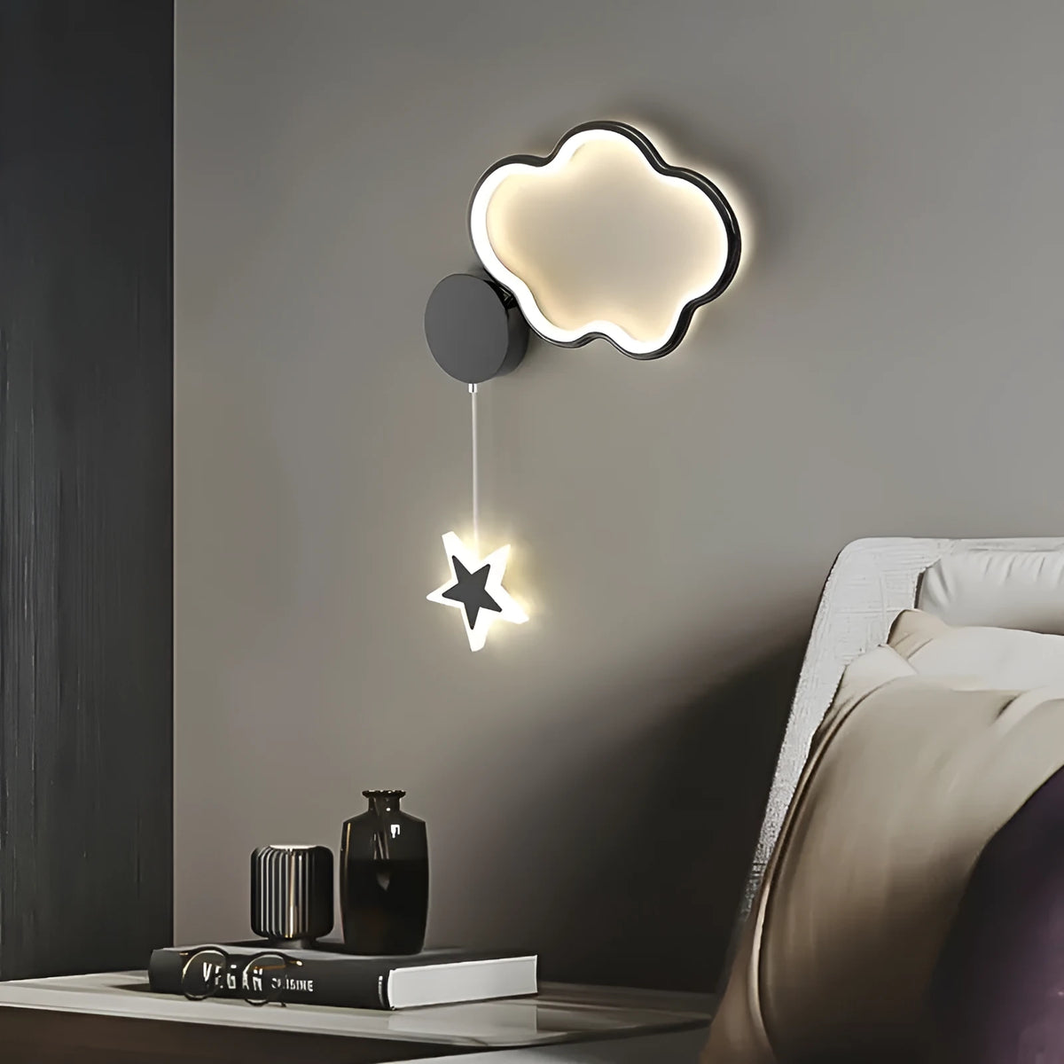 Cartoon five-pointed star bedside wall lamp in black or white with cloud, moon, or star motifs