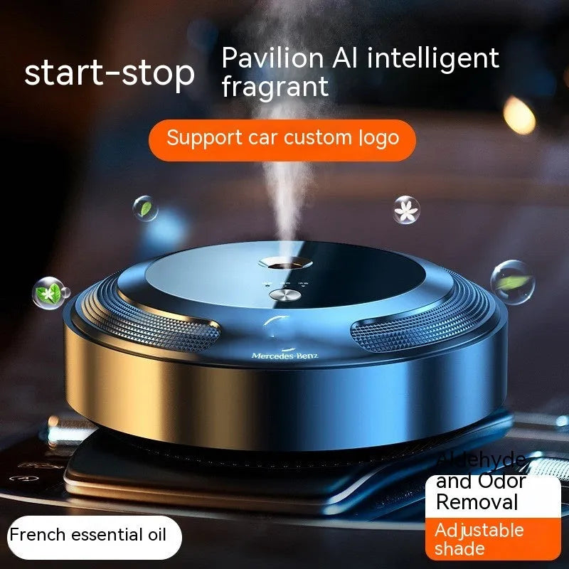 Silver automatic car air freshener diffuser with zinc alloy metal shell on anti-slip pad.