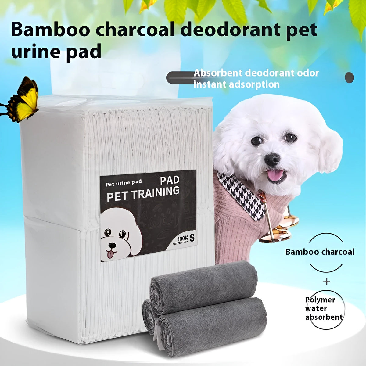 Pack of white pet urinal pads showing size options S, M, L, XL for dogs and cats.