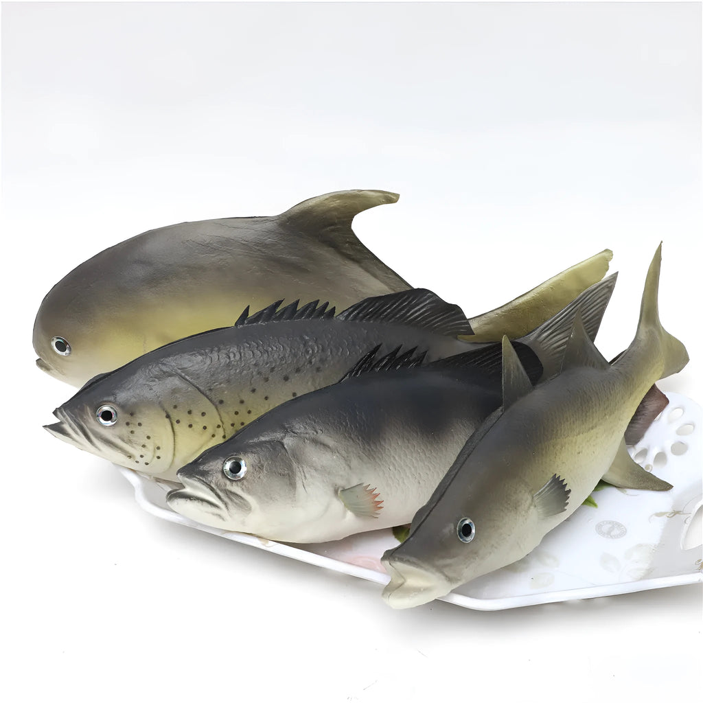 Three PU simulated fish ornaments: yellow-fin tuna, small tuna, and yellow croaker