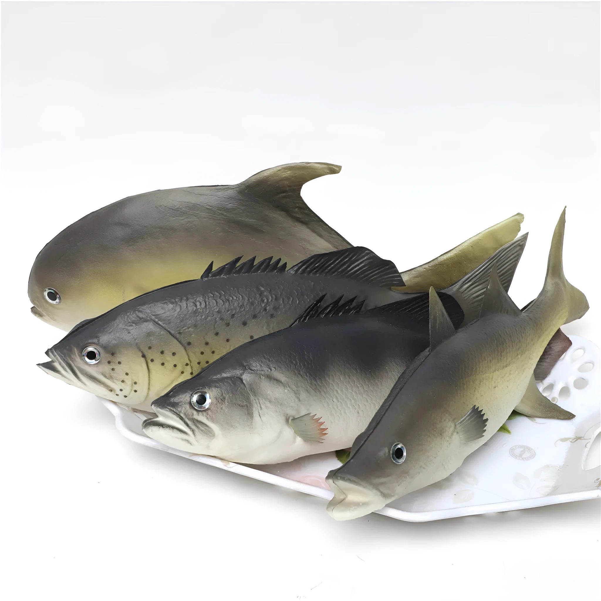Three PU simulated fish ornaments: yellow-fin tuna, small tuna, and yellow croaker