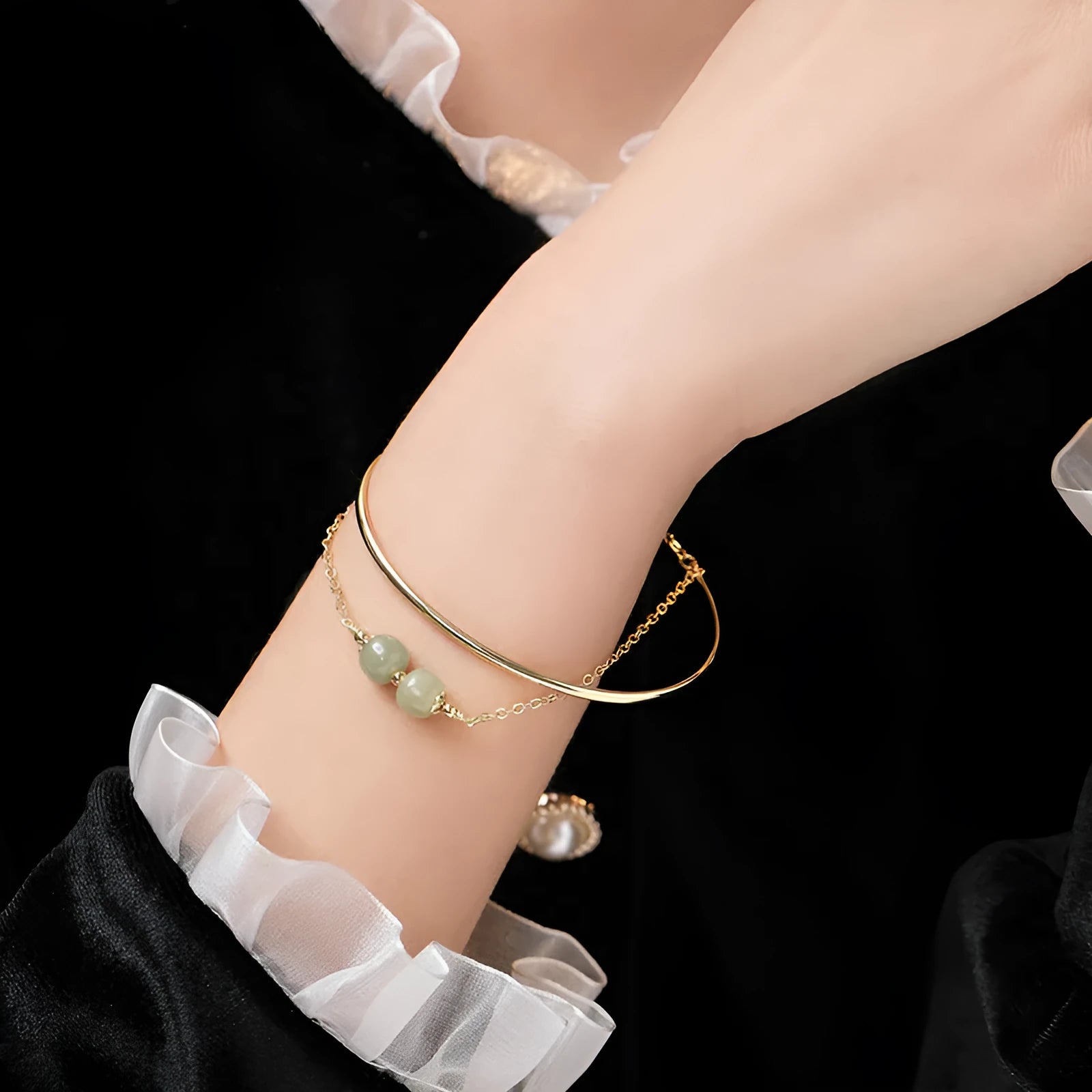 Women's Hetian jade bracelet with gold inlay design available in single, double or three bead versions
