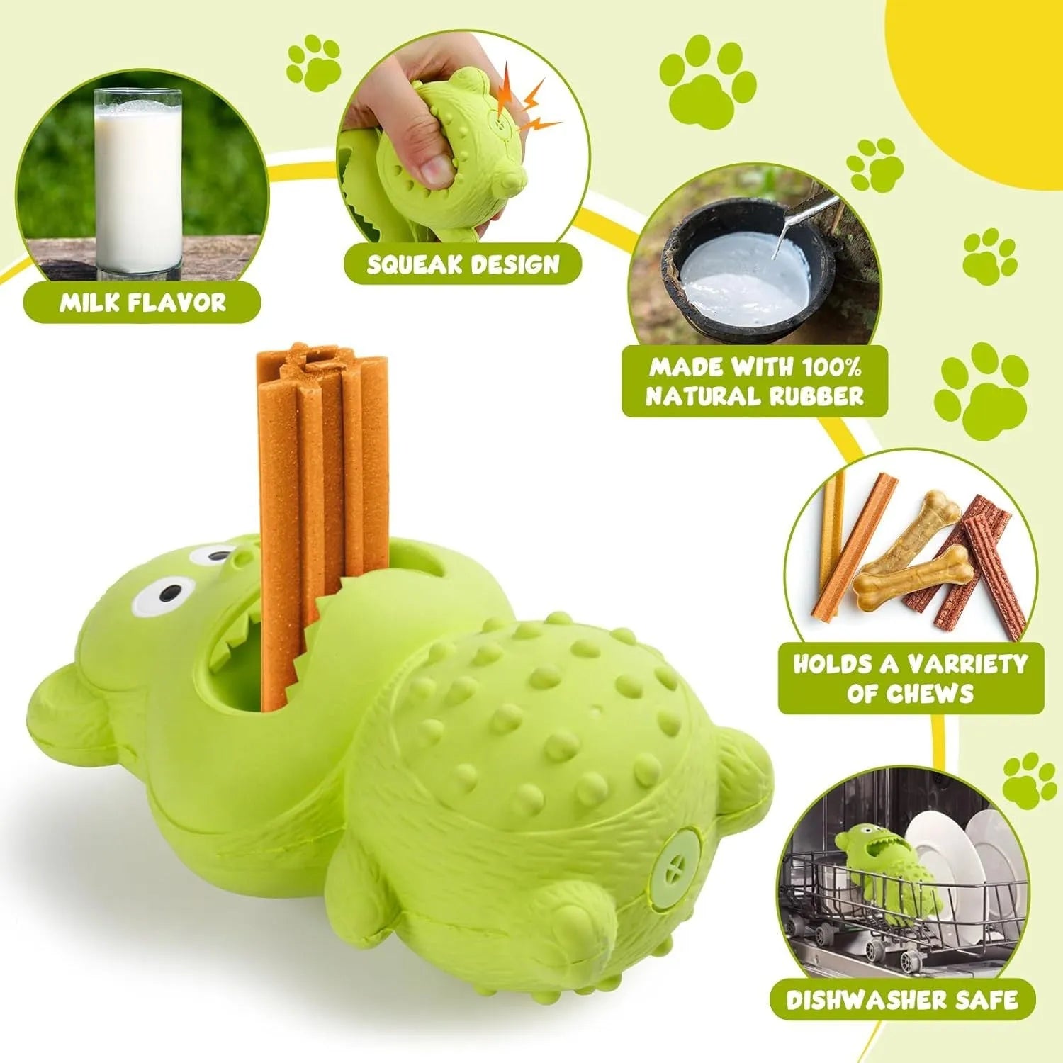 Green natural rubber dog toy for aggressive chewers with squeaker and fillable centre