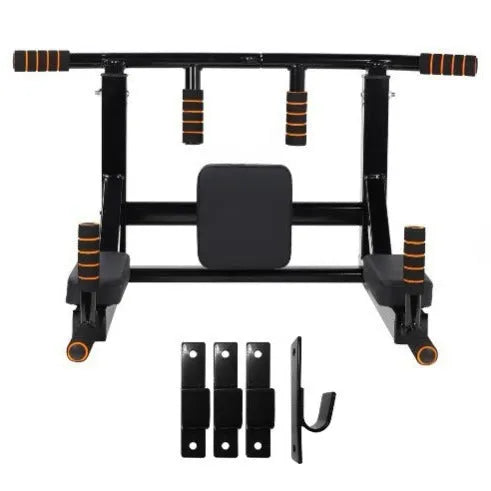 Black wall-mounted sandbag storage rack with integrated parallel bars for pull-up exercises