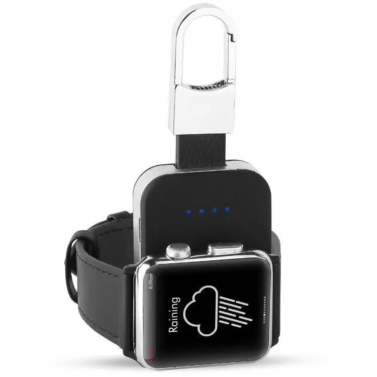 Black ABS Apple Watch wireless charging power bank on a keyring, shown next to an Apple Watch.