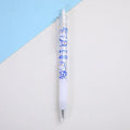 Set of six colourful bear and bunny character press pen knives on a white background.