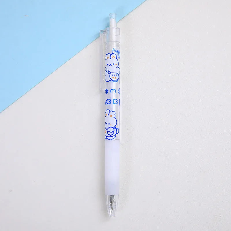 Set of six colourful bear and bunny character press pen knives on a white background.