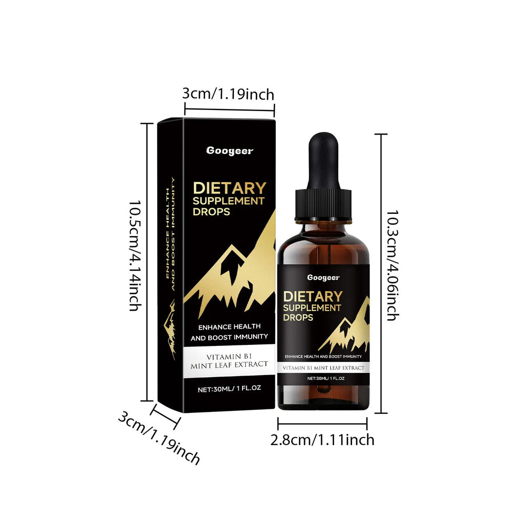 Bottle of dietary supplement drops with a measured dropper for dosage control.
