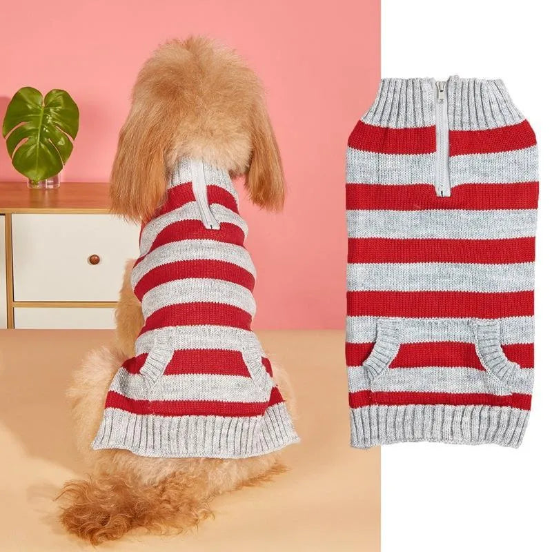 Grey dog sweater with horizontal zipper and blue button pocket on small dog