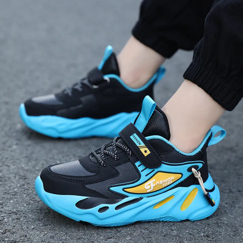 Boys' dark blue and black platform sports shoes with Velcro strap and mesh upper