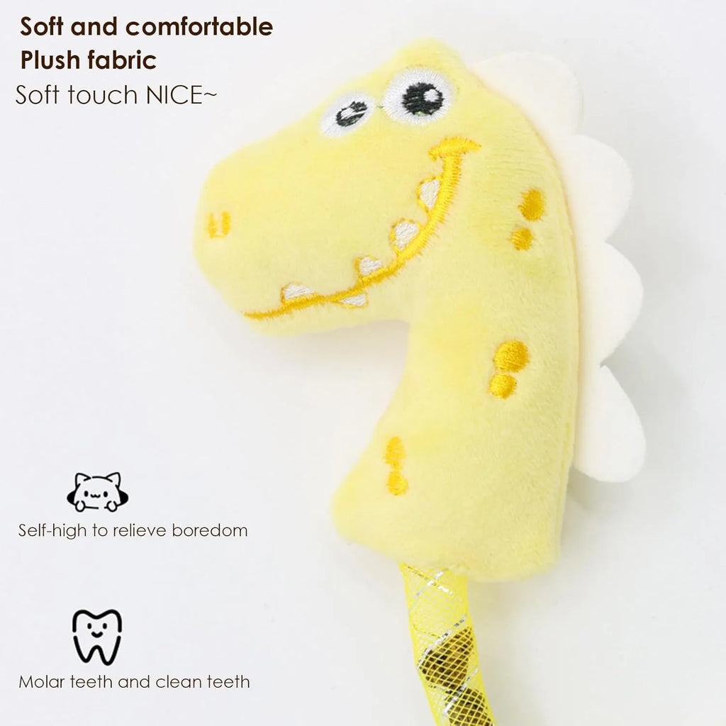 Set of four plush cat toys in pink, purple and yellow colours measuring 23cm long