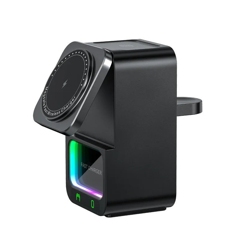 Black and white Bluetooth speaker wireless charger with magnetic charging support on desk