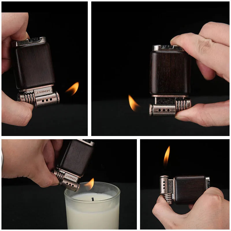 Ebony gas lighter with metal construction and decorative black wood finish