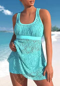Women's solid colour conservative two-piece nylon swimwear set for swimming sports.