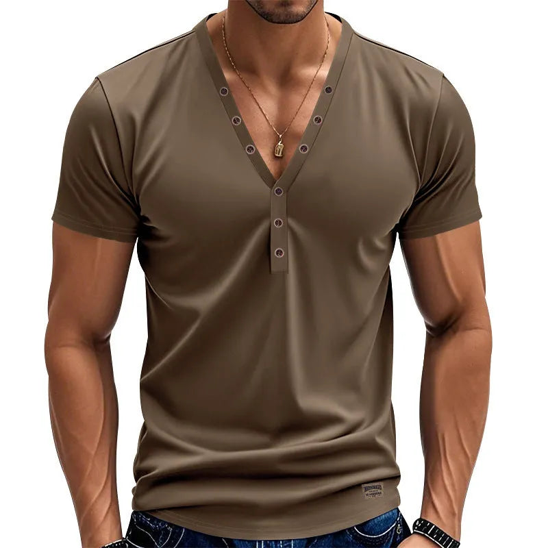 Men's loose fit V-neck button top in chemical fibre blend fabric for sports wear