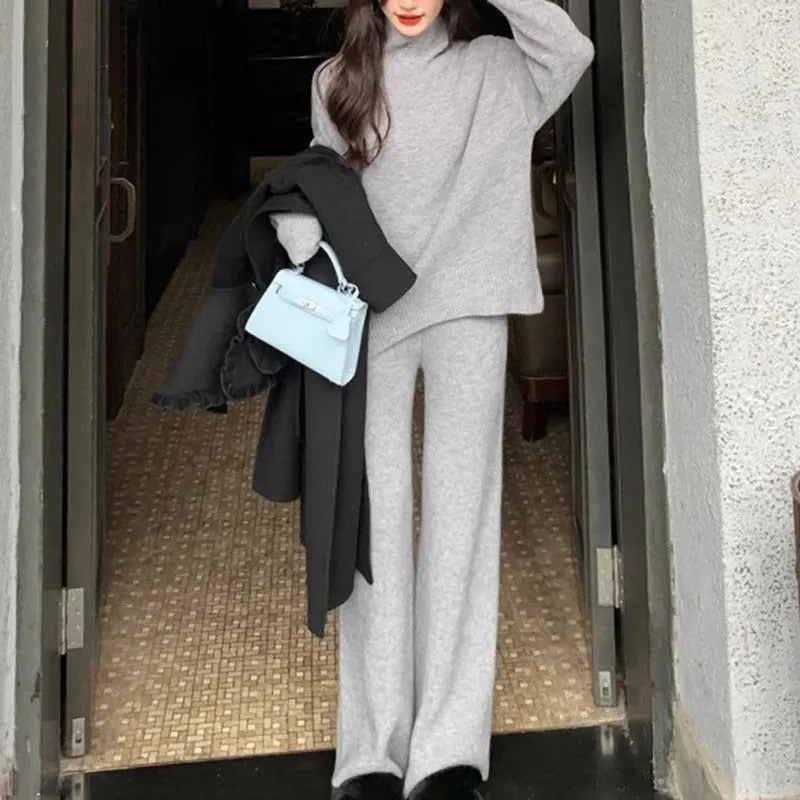 Women's casual two-piece set with acrylic fibre sweater and matching wide-leg trousers in solid colour