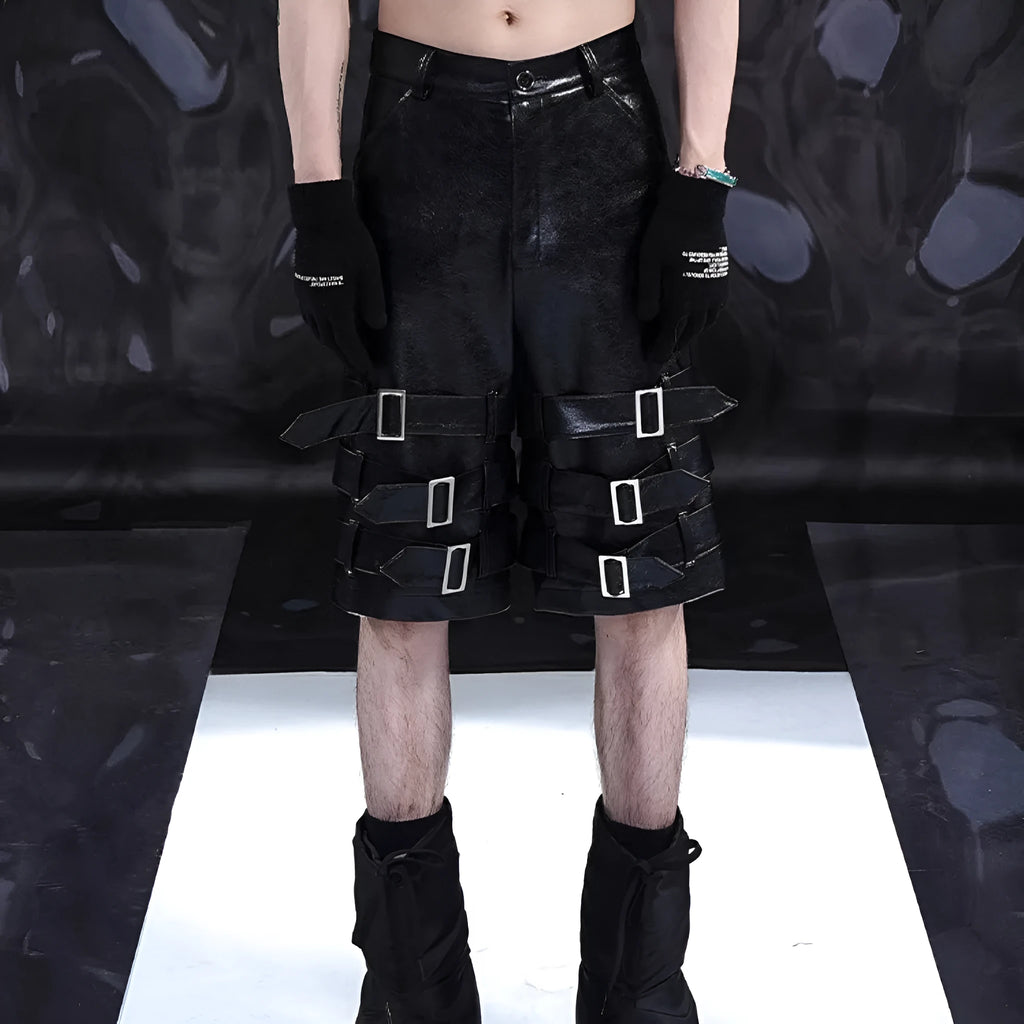 Men's black PU leather cropped shorts with leather ring detailing and medium-low waist design