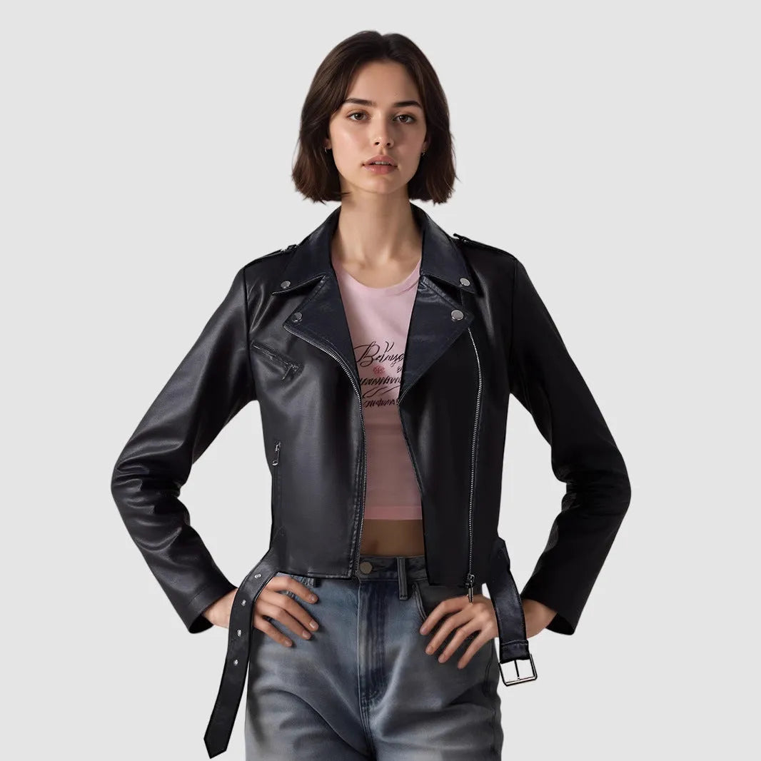 Women's red PU leather motorcycle jacket with belt lapel design on a hanger