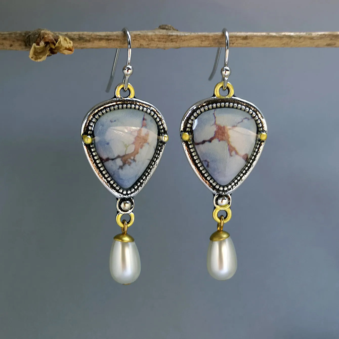 Retro blue geometric drop earrings with synthetic opal and pearl on metal.