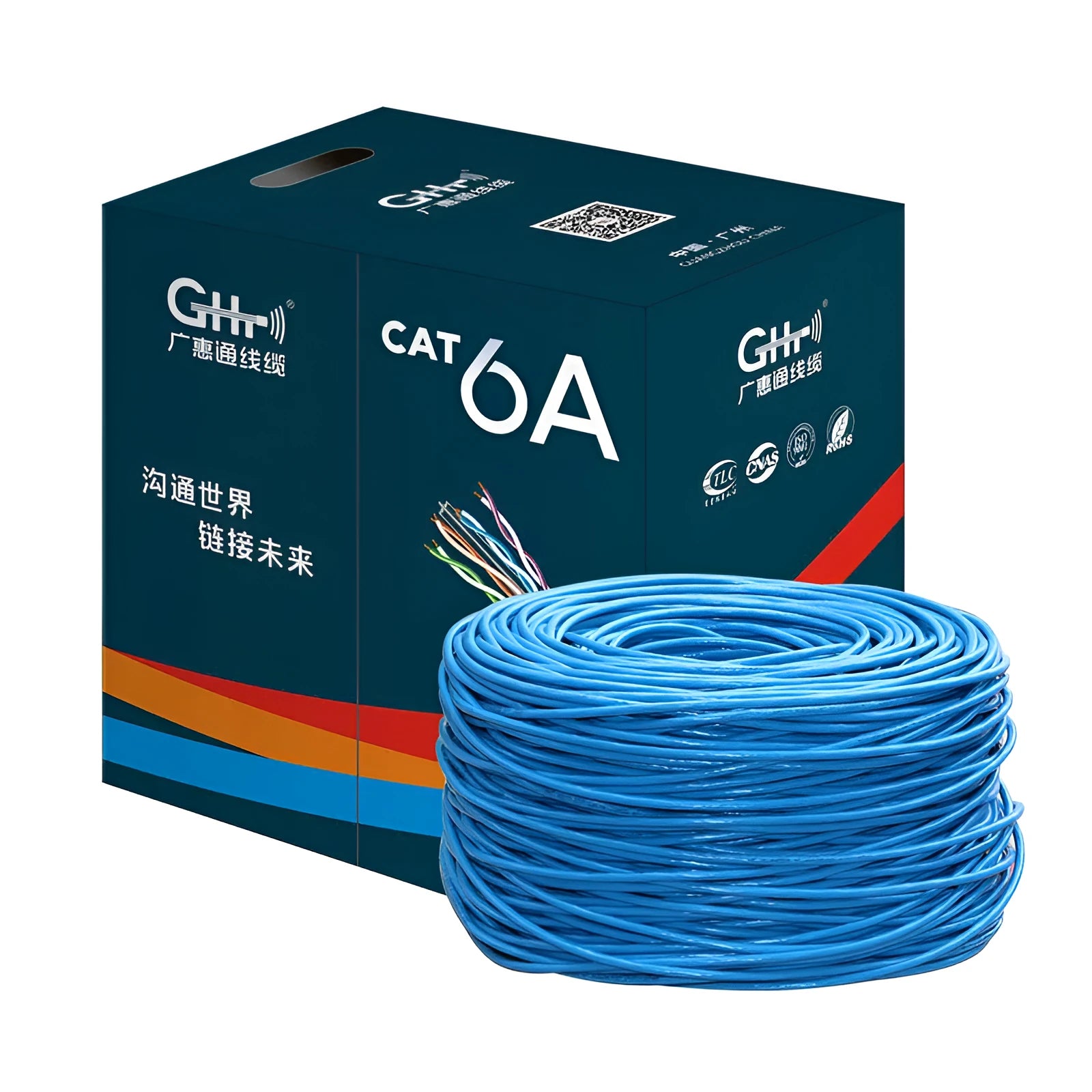 305-metre reel of blue Cat6 oxygen-free copper network cable with gigabit and 10-gigabit ethernet support