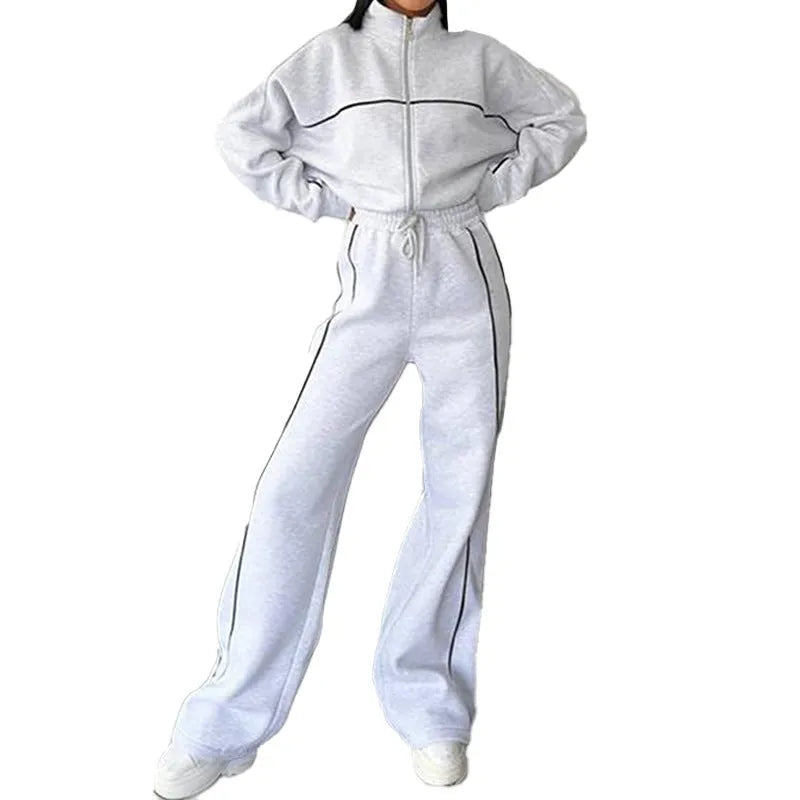 Women's casual two-piece suit with zippered hoodie and striped trousers in apricot colour