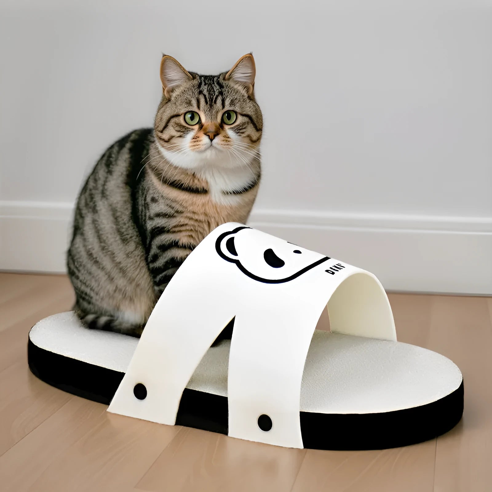 White corrugated paper cat scratch board with slipper-style design for indoor cat scratching
