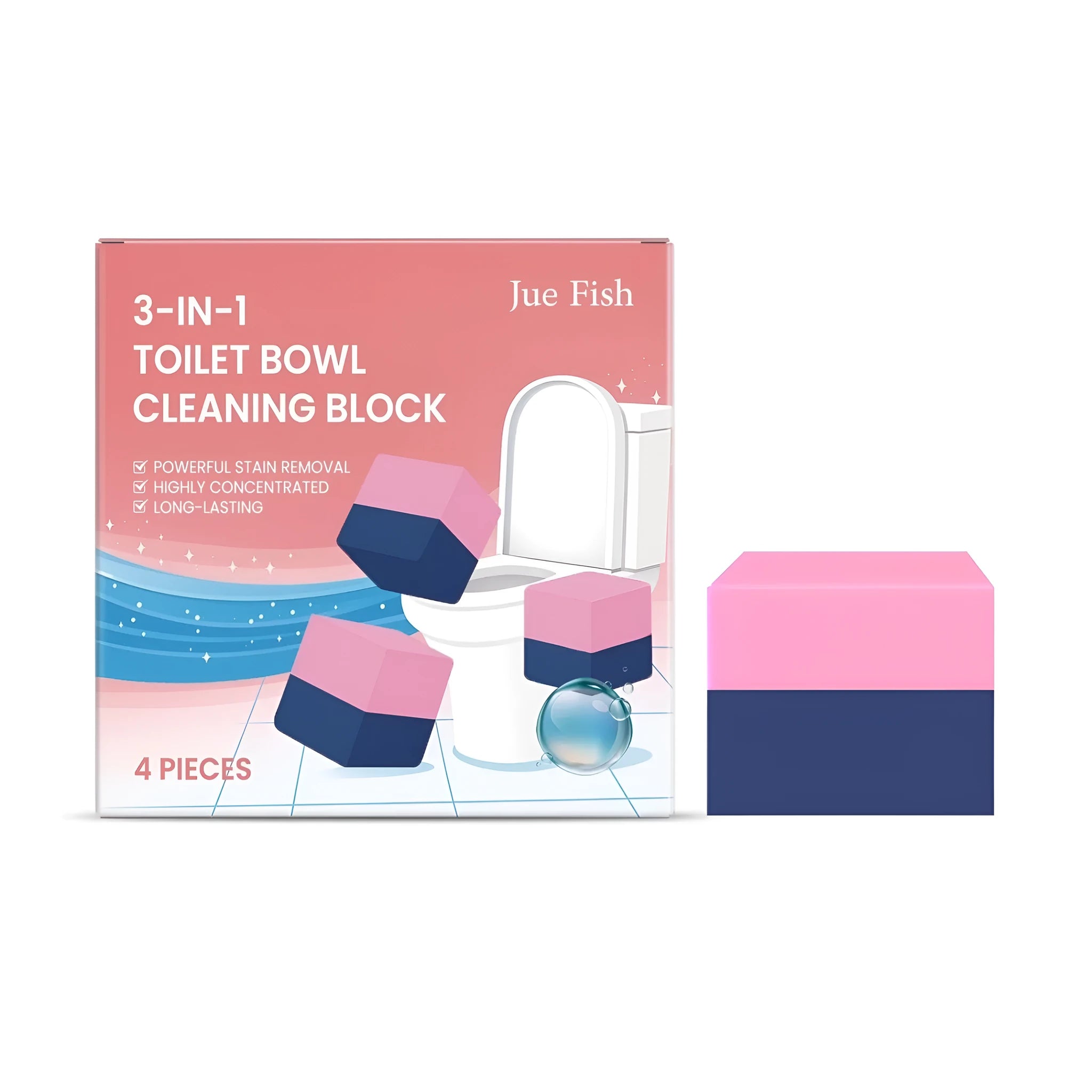 Four blue 3-in-1 toilet cleaning blocks for limescale, odour, and stain removal.